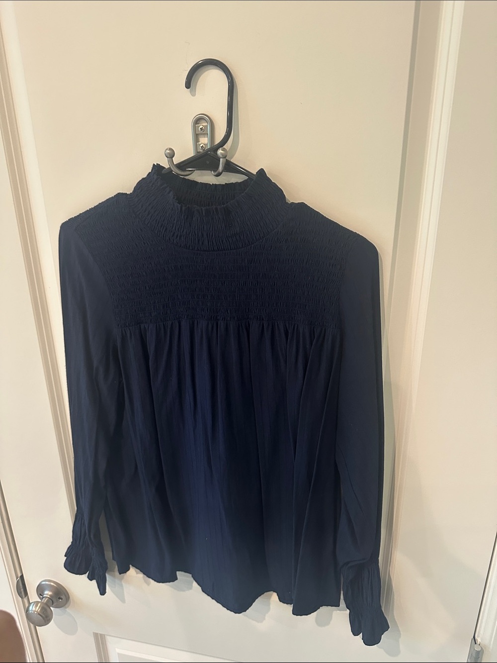 THML Navy Smocked Yoke High-Neck Blouse